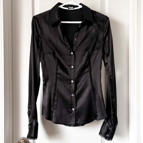 D&G Jet Black Silk & Lace Trim Fitted Shirt - Picture 3 of 16